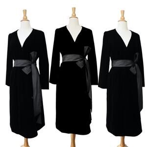 Vintage 80s Abe Schrader Black Velvet Wide Sash Tuxedo Style Wrap Dress